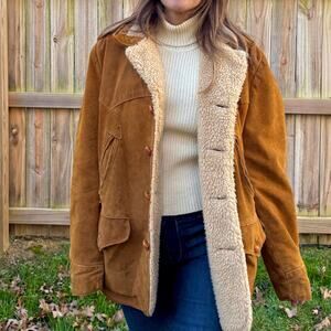 Schott western suede shearling coat jacket made in USA caramel brown vintage